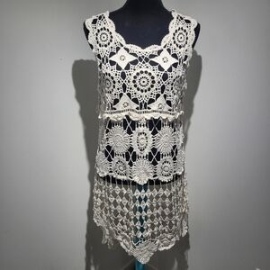 R&F Women's Cotton Boho Dreamy Crochet High Low Dress Medium Off White Festival